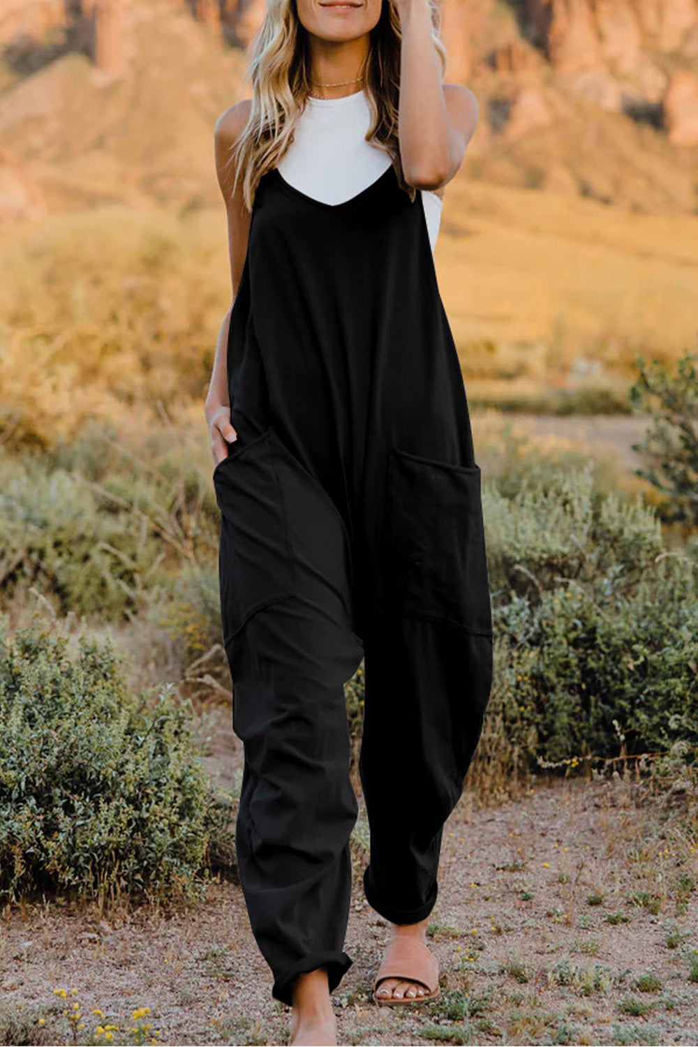 Baggy Loose Fitting Jumpsuit V-Neck Sleeveless with Front Pocket