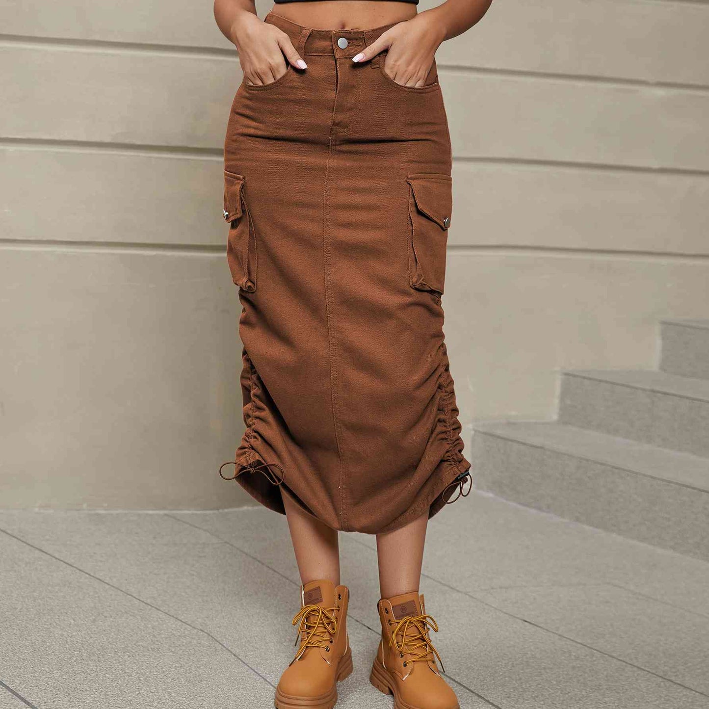 Drawstring Side Ruched Denim Midi Skirt