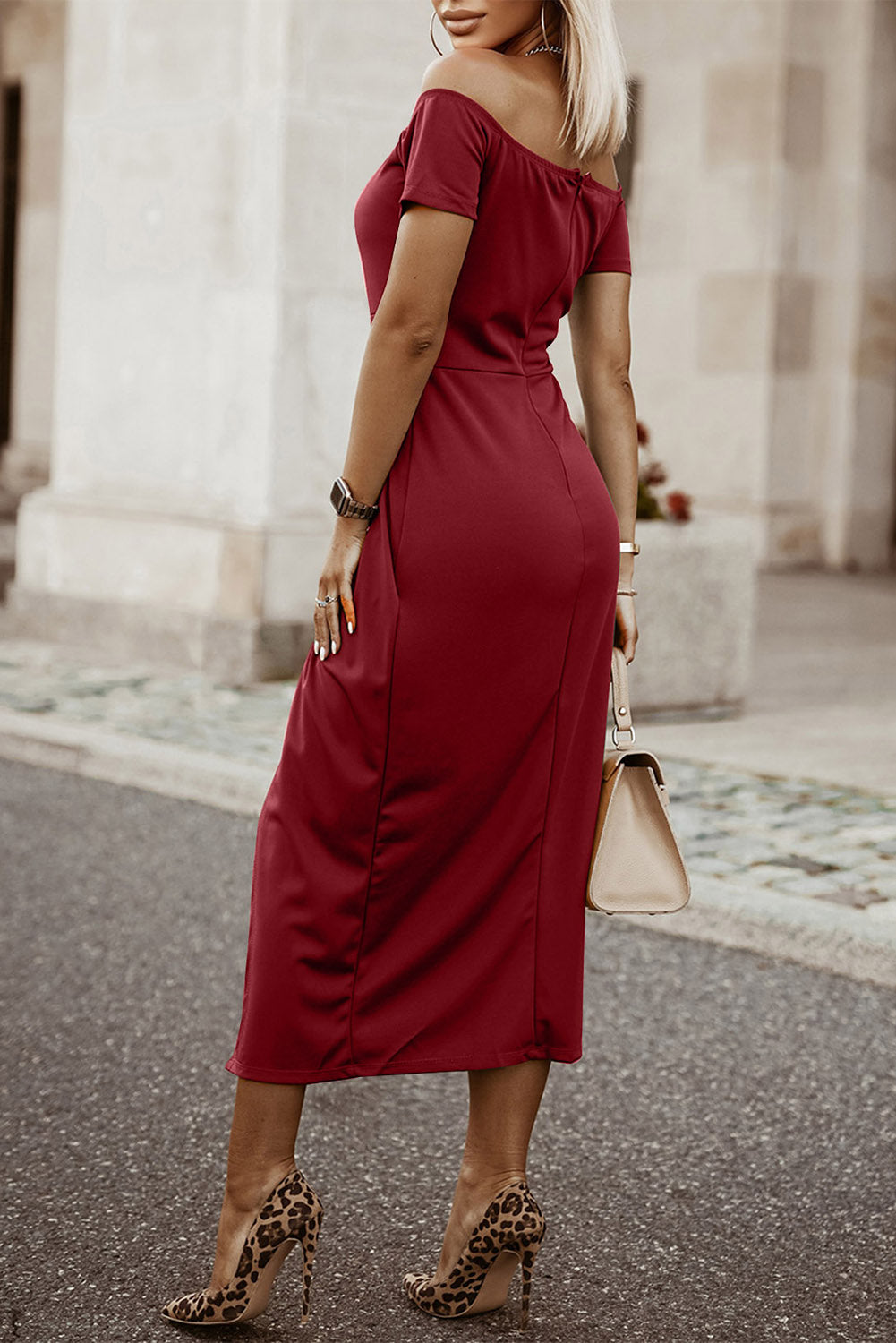 Off-Shoulder - Side Drape -Thigh High Split Midi Dress