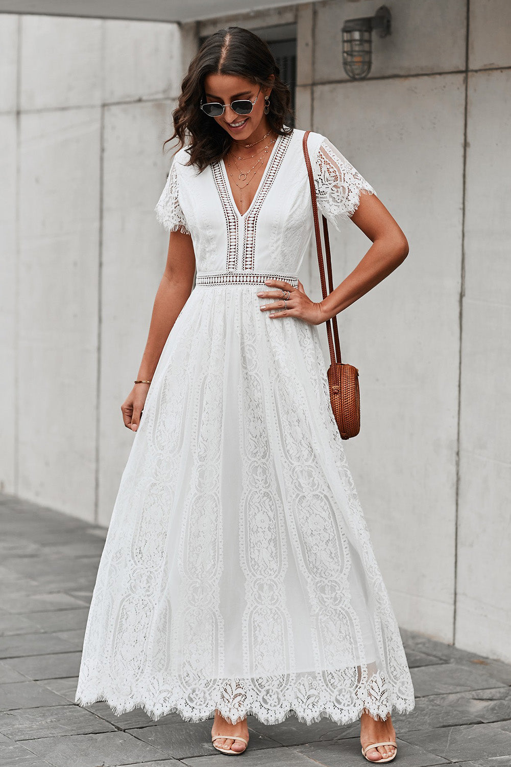 Short Sleeve Scalloped Trim Lace  Maxi Dress
