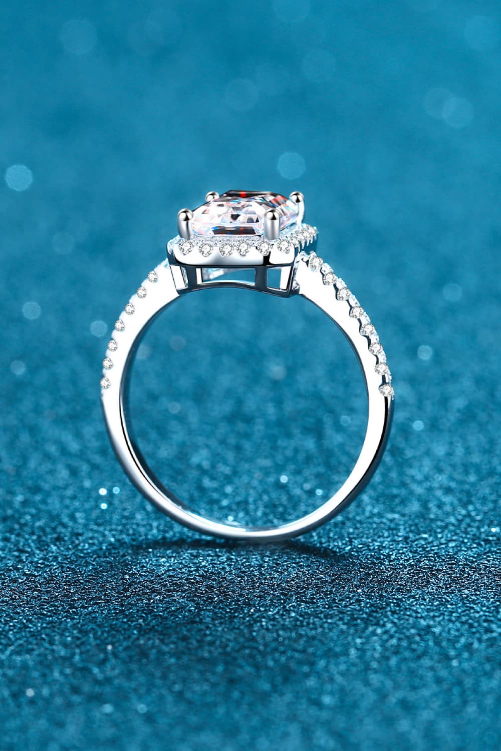 2 Carat Rectangular Lab Diamond/ Halo Zircon Stone/ Sterling Silver Ring