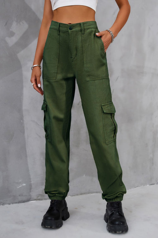 Buttoned High Waist  Cargo Style Jeans with Pockets