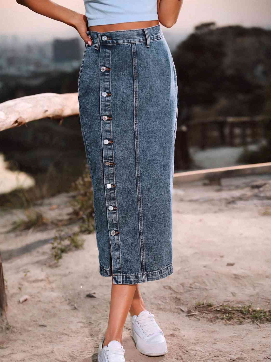 Denim Midi Length Skirt with Buttons Side Split