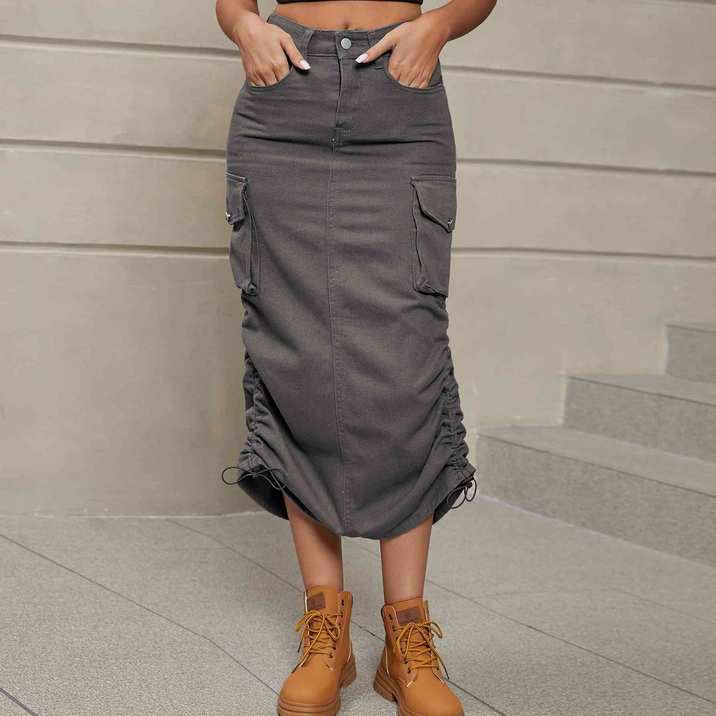 Drawstring Side Ruched Denim Midi Skirt