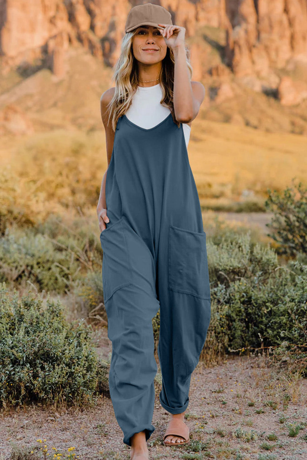 Baggy Loose Fitting Jumpsuit V-Neck Sleeveless with Front Pocket