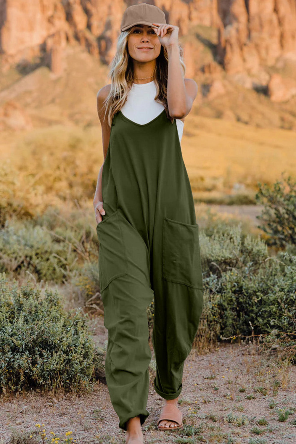 Baggy Loose Fitting Jumpsuit V-Neck Sleeveless with Front Pocket