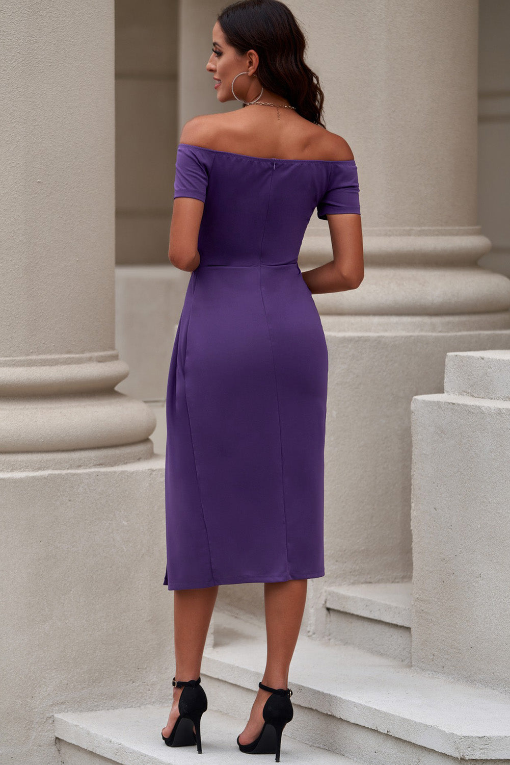 Off-Shoulder - Side Drape -Thigh High Split Midi Dress