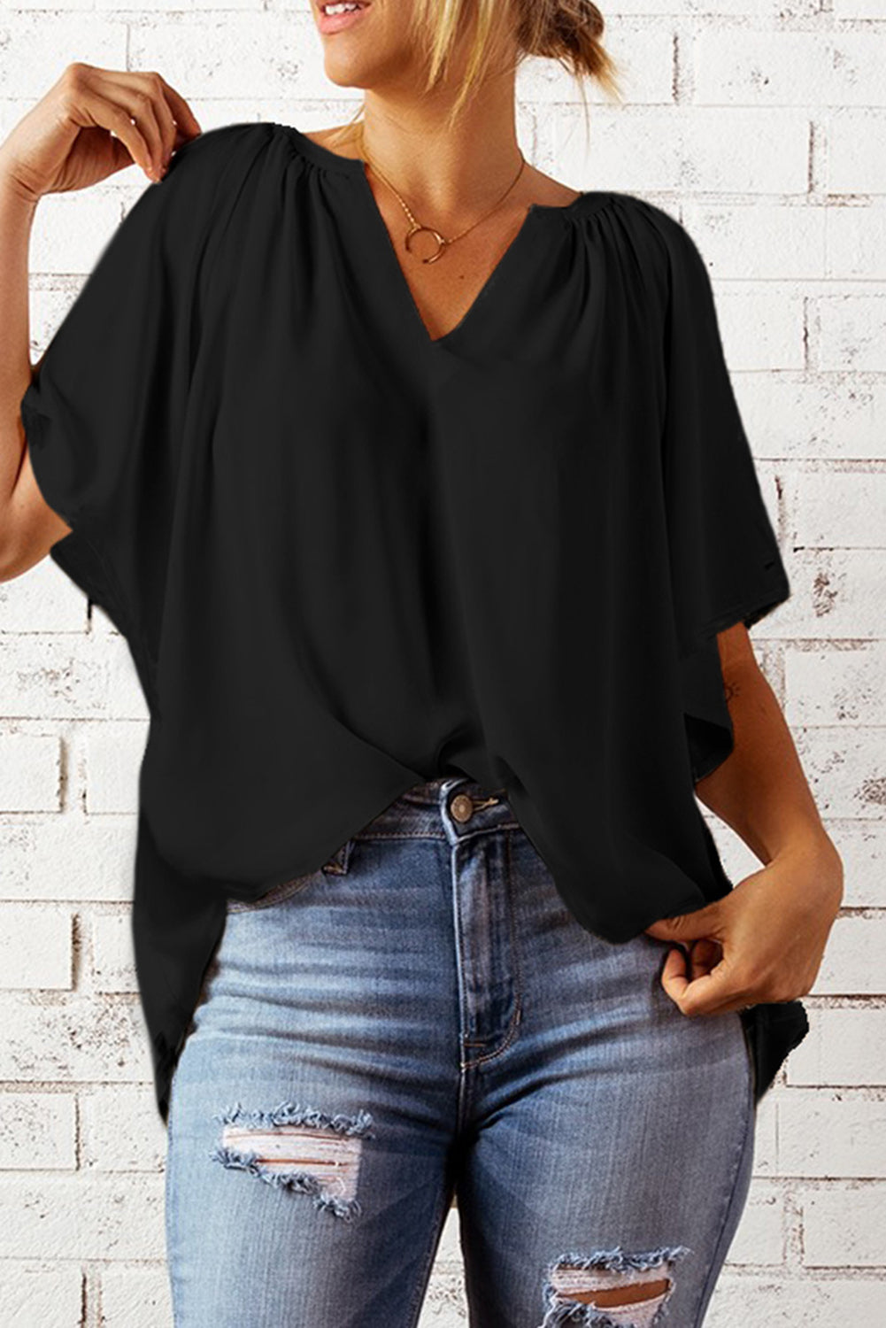 Loose Fit Casual V Neck Flutter Sleeve Top