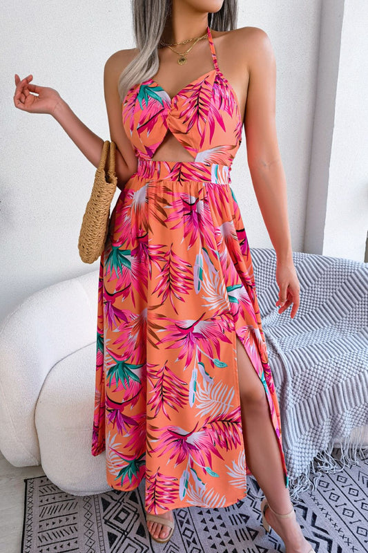 Botanical Print Halter Tie Up Sun Dress