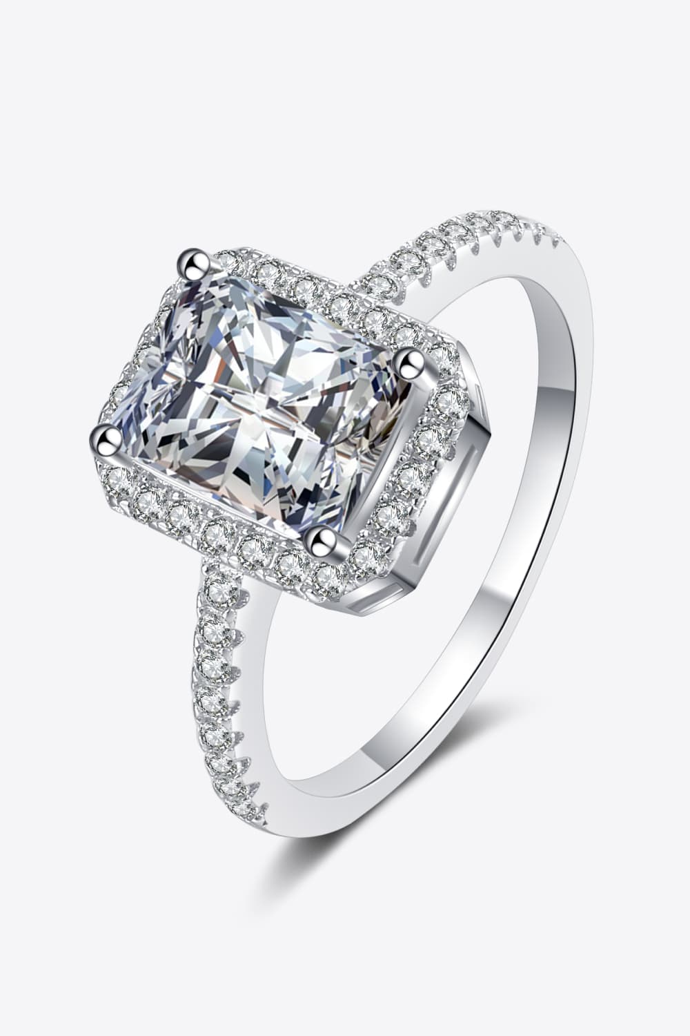 2 Carat Rectangular Lab Diamond/ Halo Zircon Stone/ Sterling Silver Ring