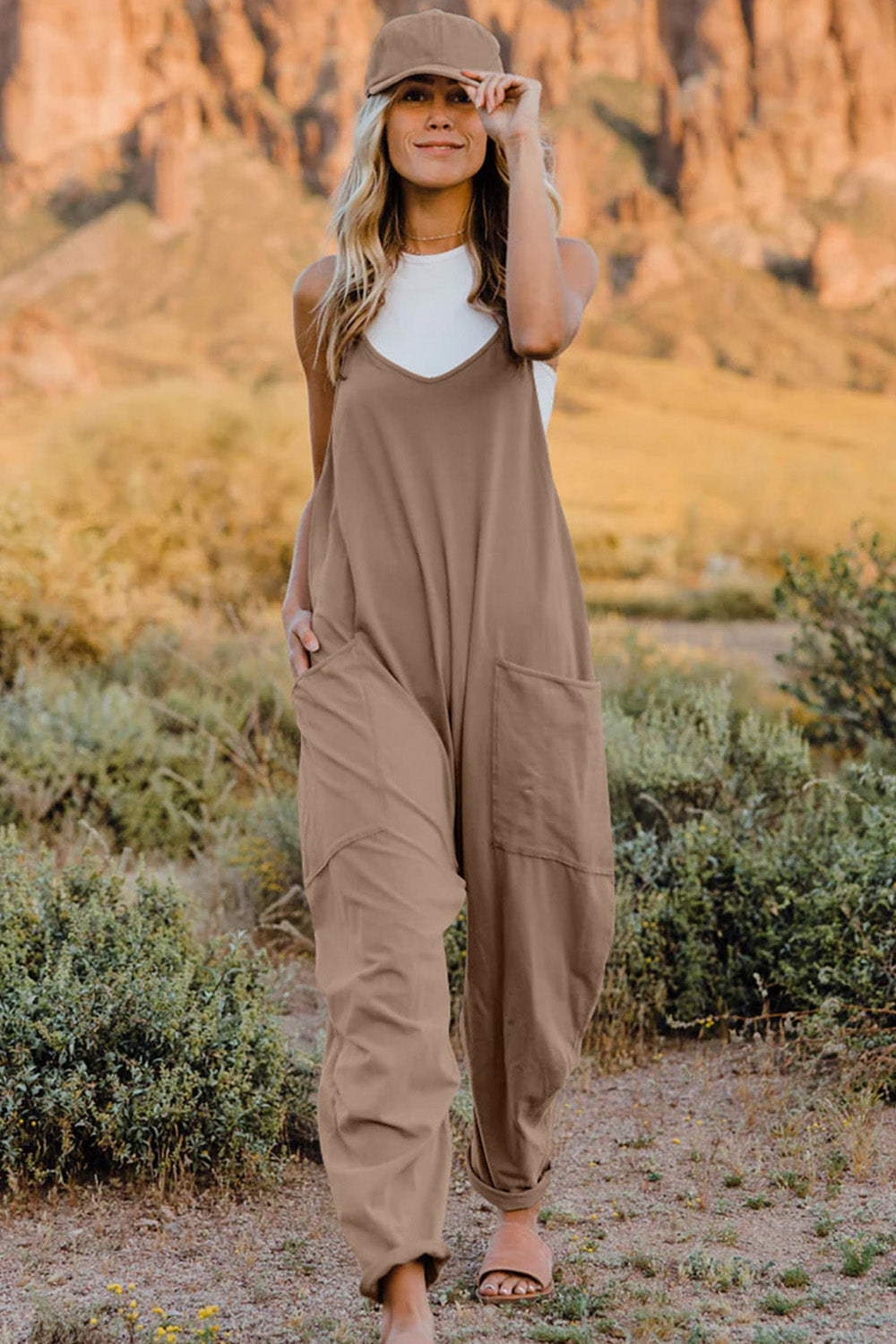 Baggy Loose Fitting Jumpsuit V-Neck Sleeveless with Front Pocket