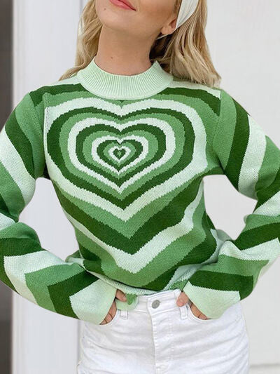 Retro Hearts on a Mock Neck Long Sleeve Sweater