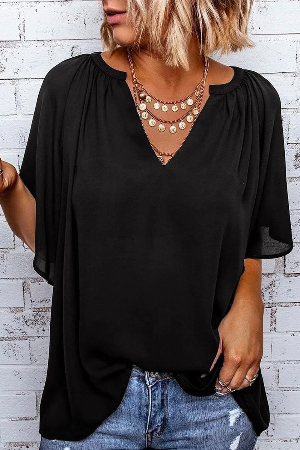 Loose Fit Casual V Neck Flutter Sleeve Top