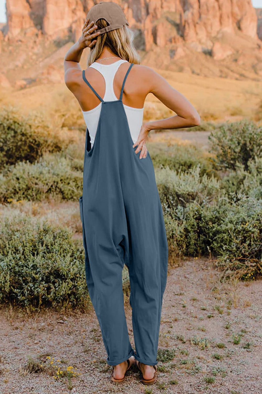 Baggy Loose Fitting Jumpsuit V-Neck Sleeveless with Front Pocket