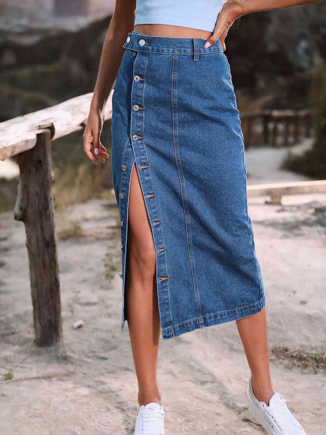 Denim Midi Length Skirt with Buttons Side Split