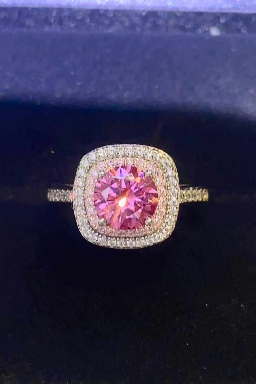 Double Halo / Pink Square Shaped Moissanite Gem Ring