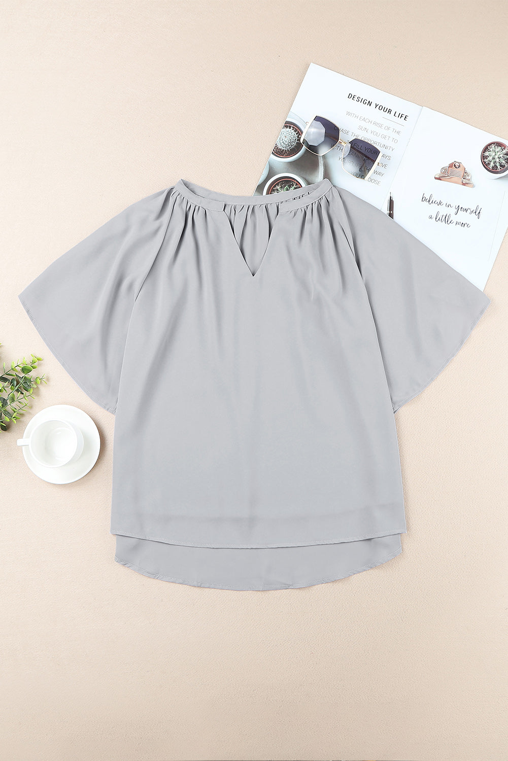 Loose Fit Casual V Neck Flutter Sleeve Top