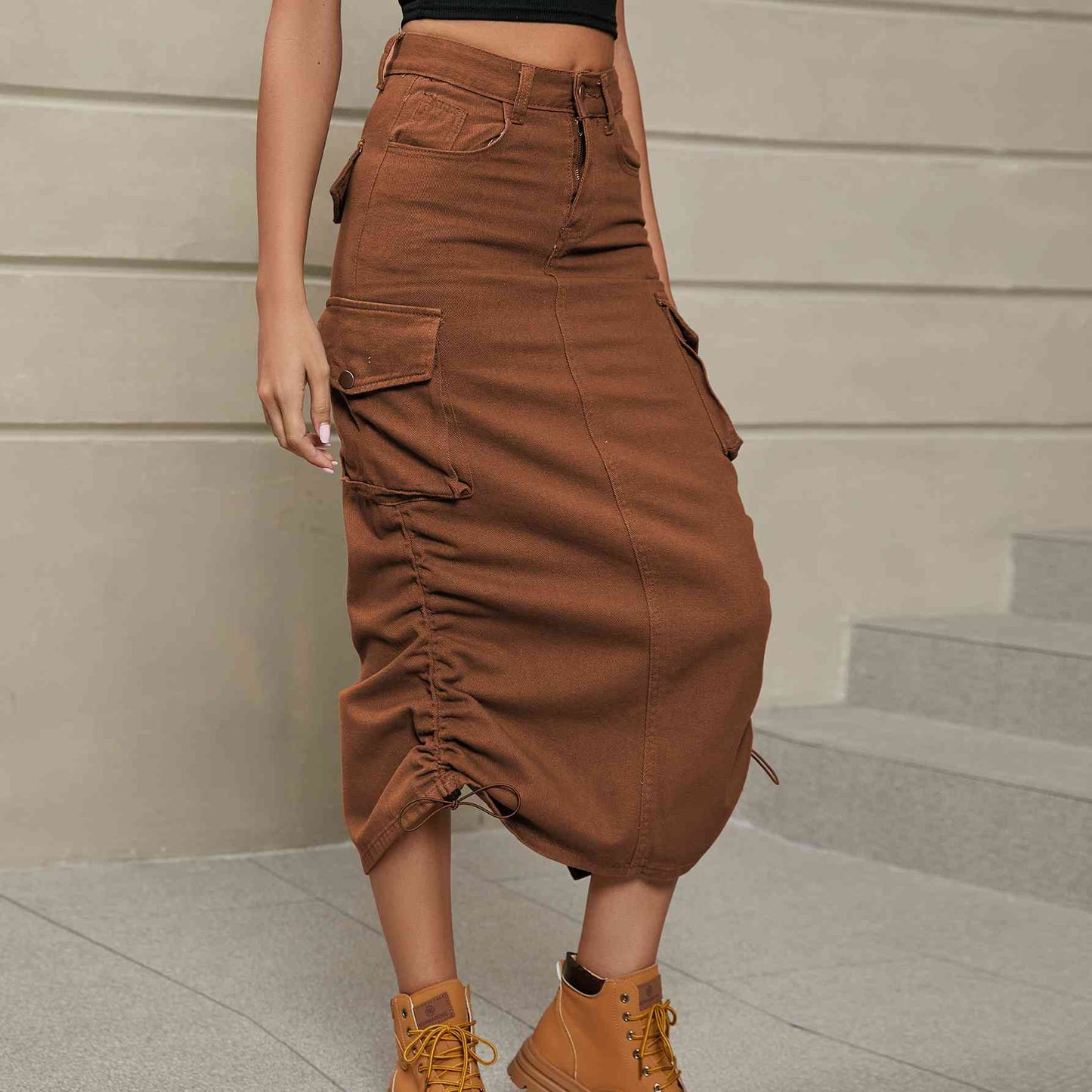 Drawstring Side Ruched Denim Midi Skirt