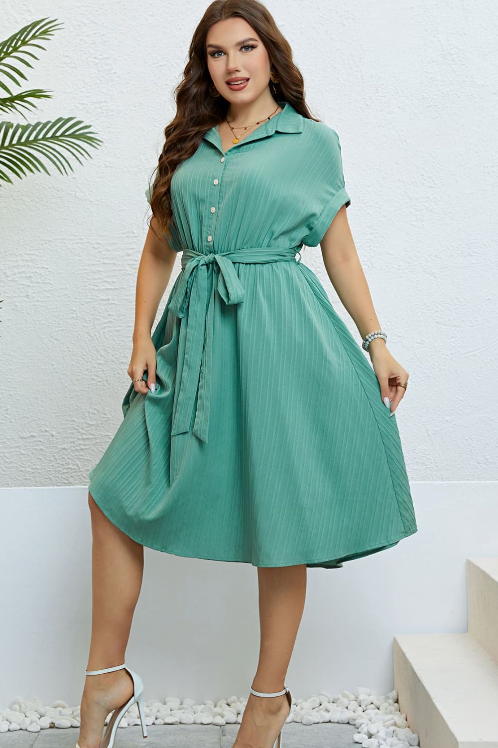 Buttoned and Front Tie-Waist  Knee Length Dress