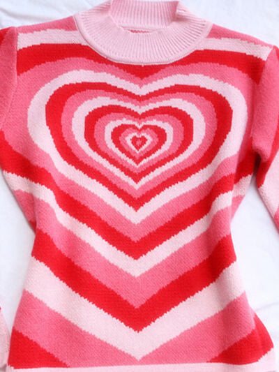 Retro Hearts on a Mock Neck Long Sleeve Sweater