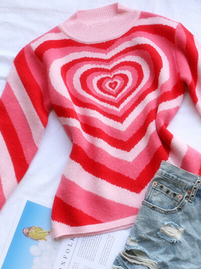 Retro Hearts on a Mock Neck Long Sleeve Sweater