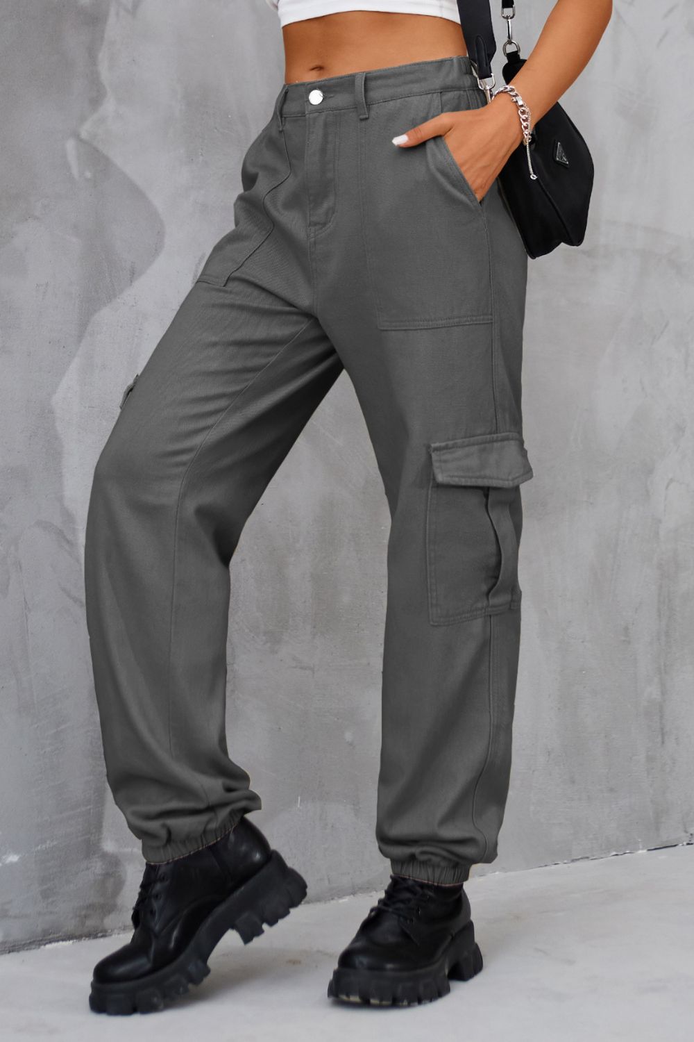 Buttoned High Waist  Cargo Style Jeans with Pockets
