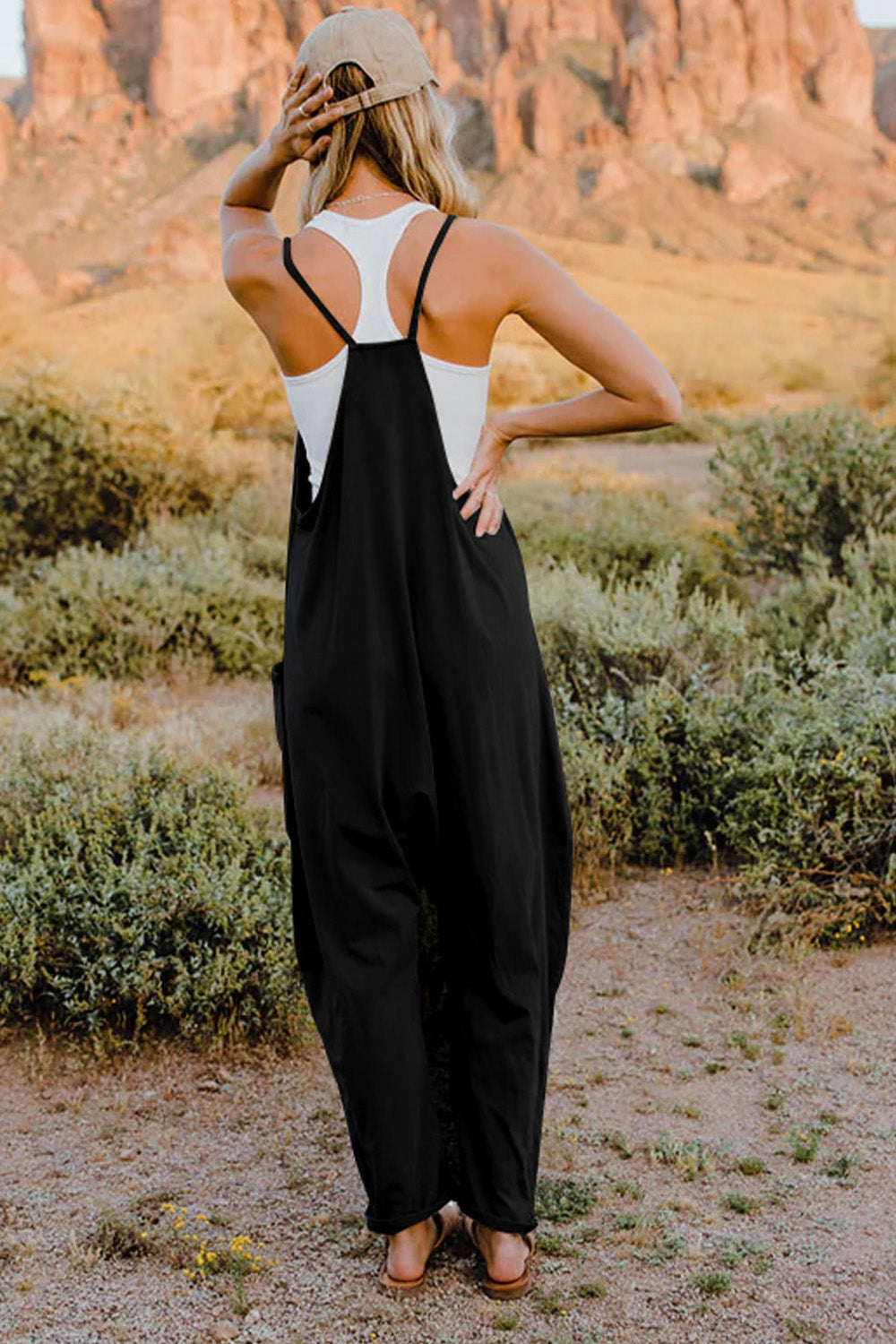 Baggy Loose Fitting Jumpsuit V-Neck Sleeveless with Front Pocket