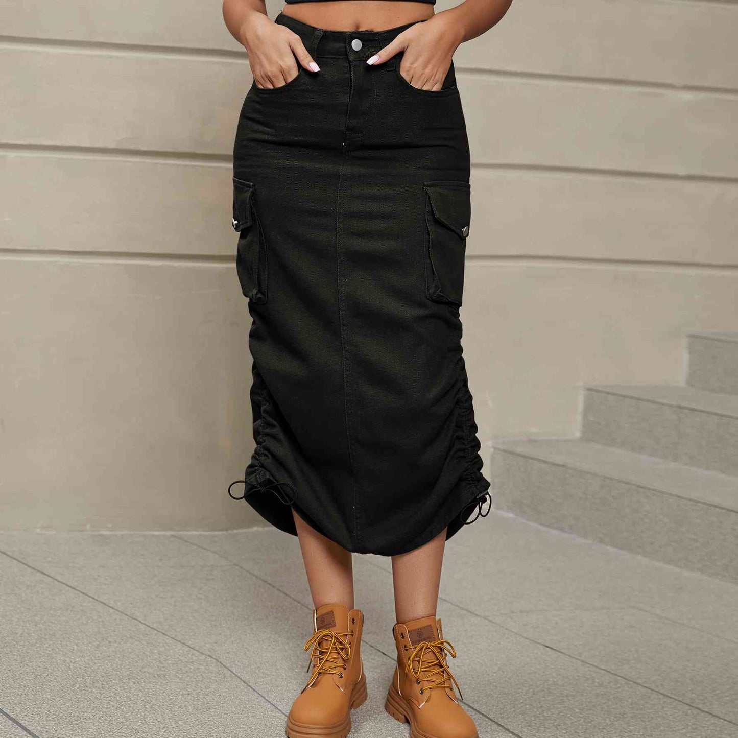 Drawstring Side Ruched Denim Midi Skirt
