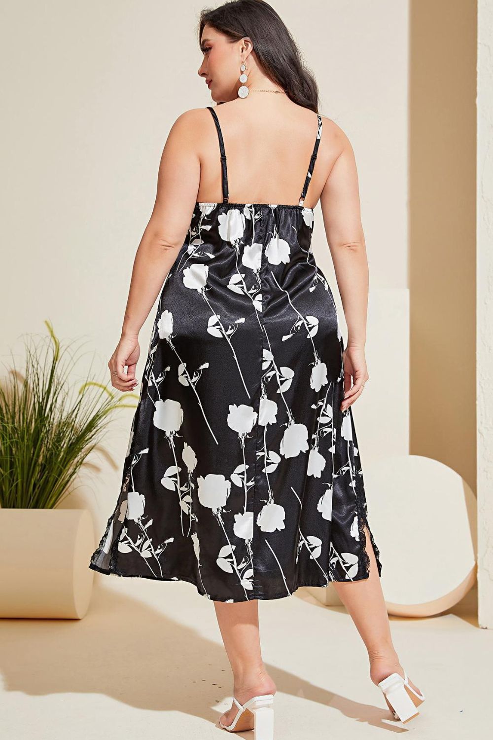 Plus Silky Lace Trim Side Slit Summer Dress