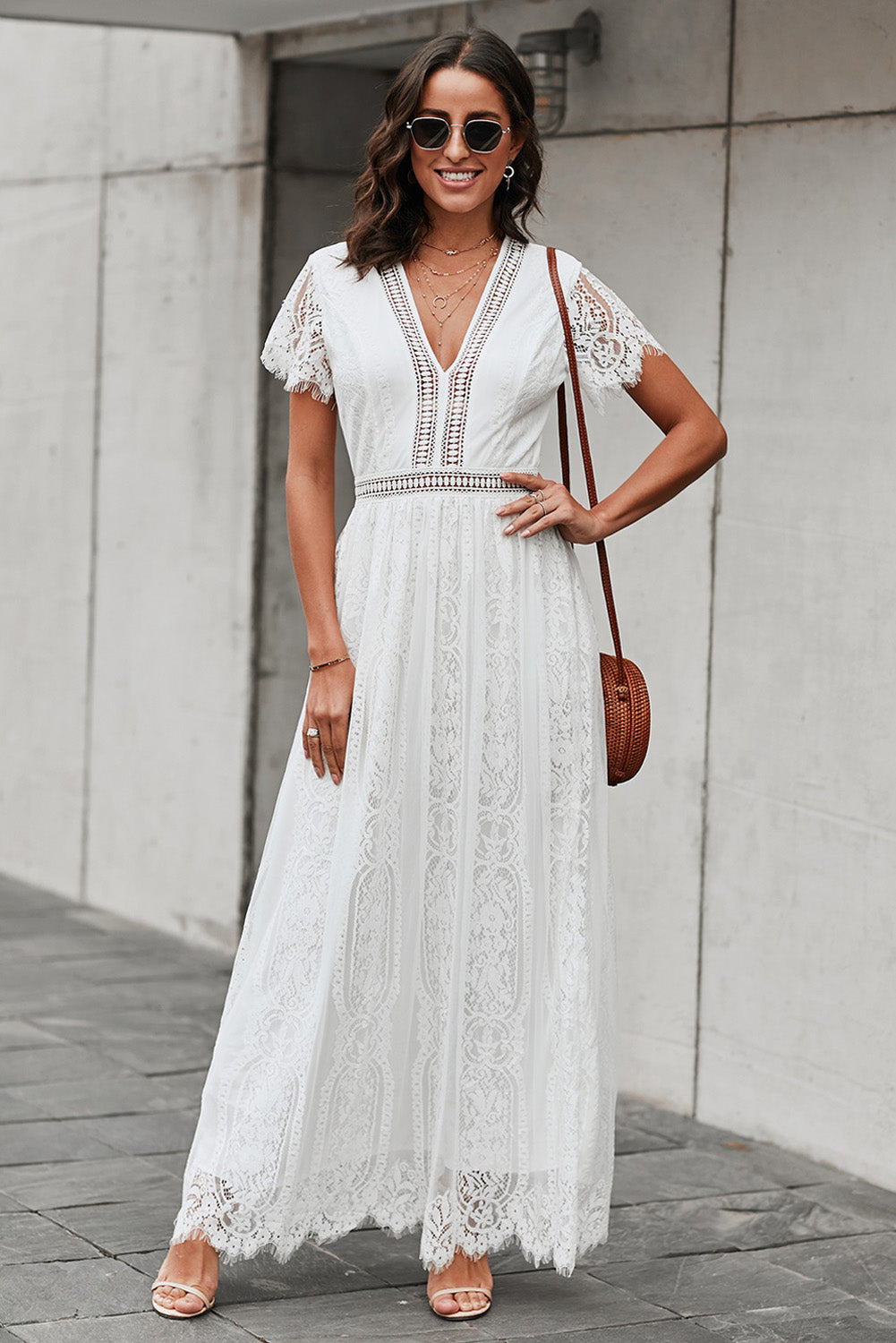 Short Sleeve Scalloped Trim Lace  Maxi Dress