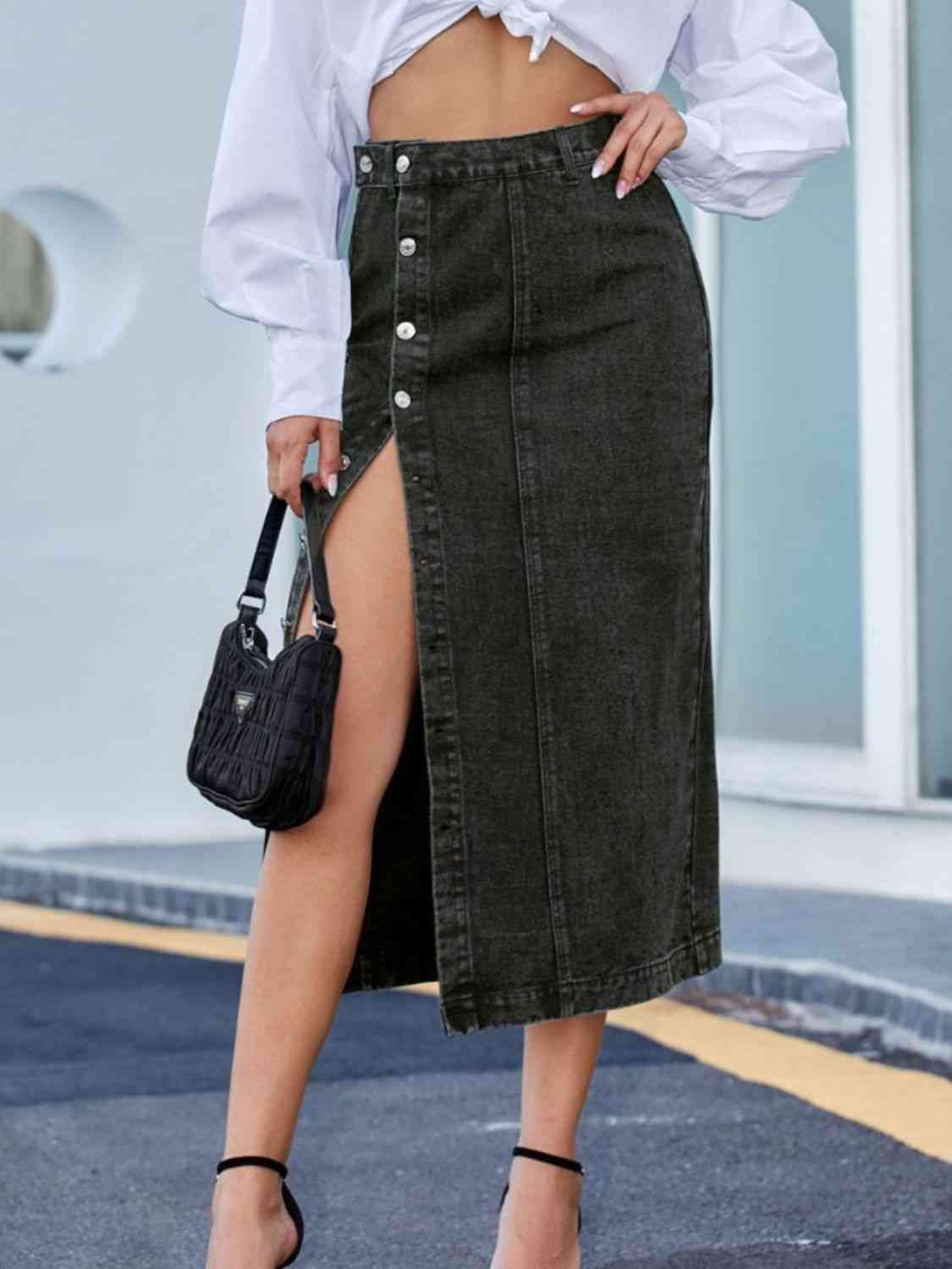 Denim Midi Length Skirt with Buttons Side Split