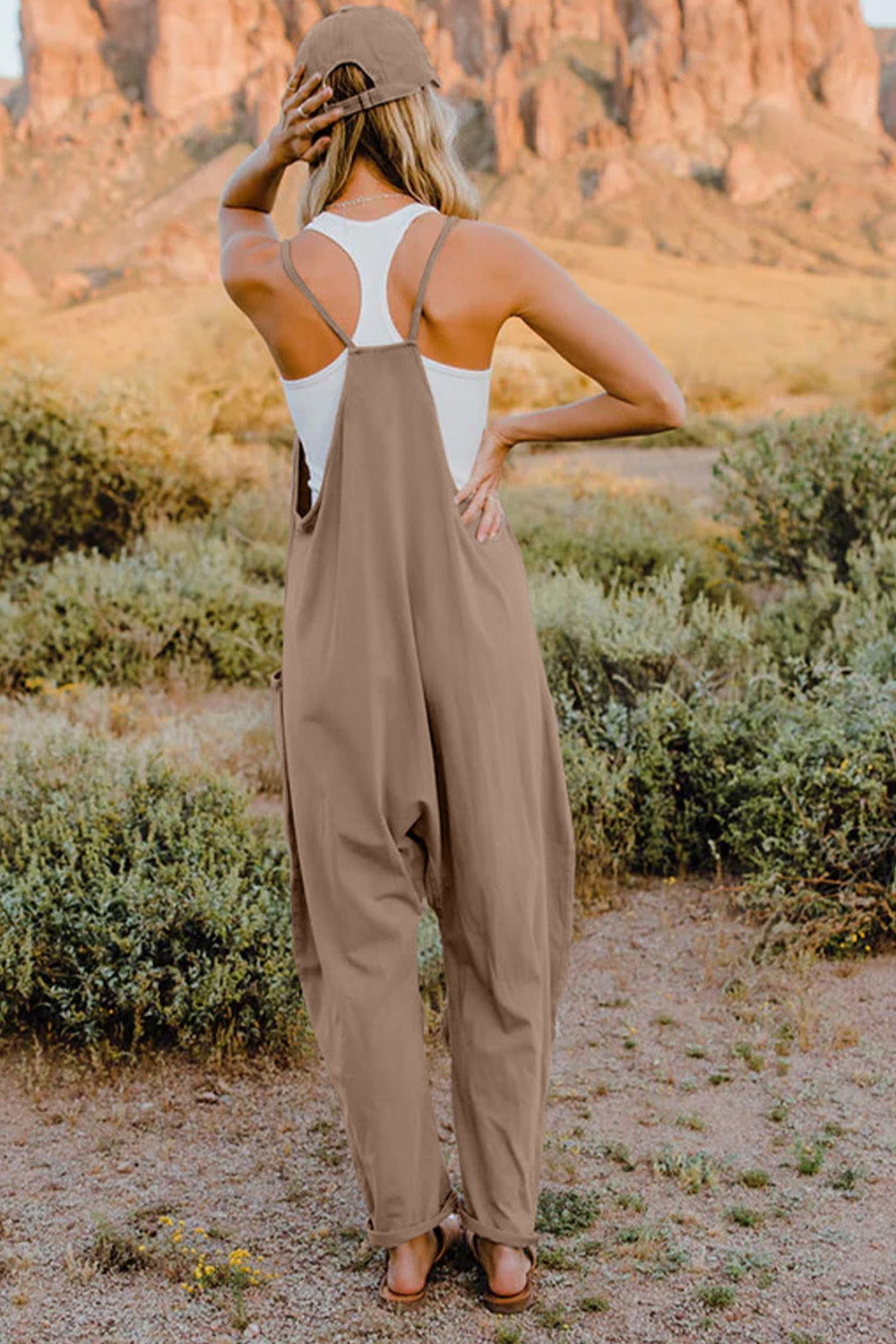 Baggy Loose Fitting Jumpsuit V-Neck Sleeveless with Front Pocket