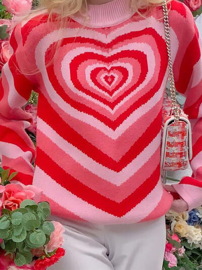Retro Hearts on a Mock Neck Long Sleeve Sweater