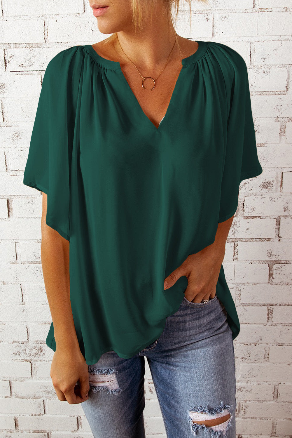 Loose Fit Casual V Neck Flutter Sleeve Top