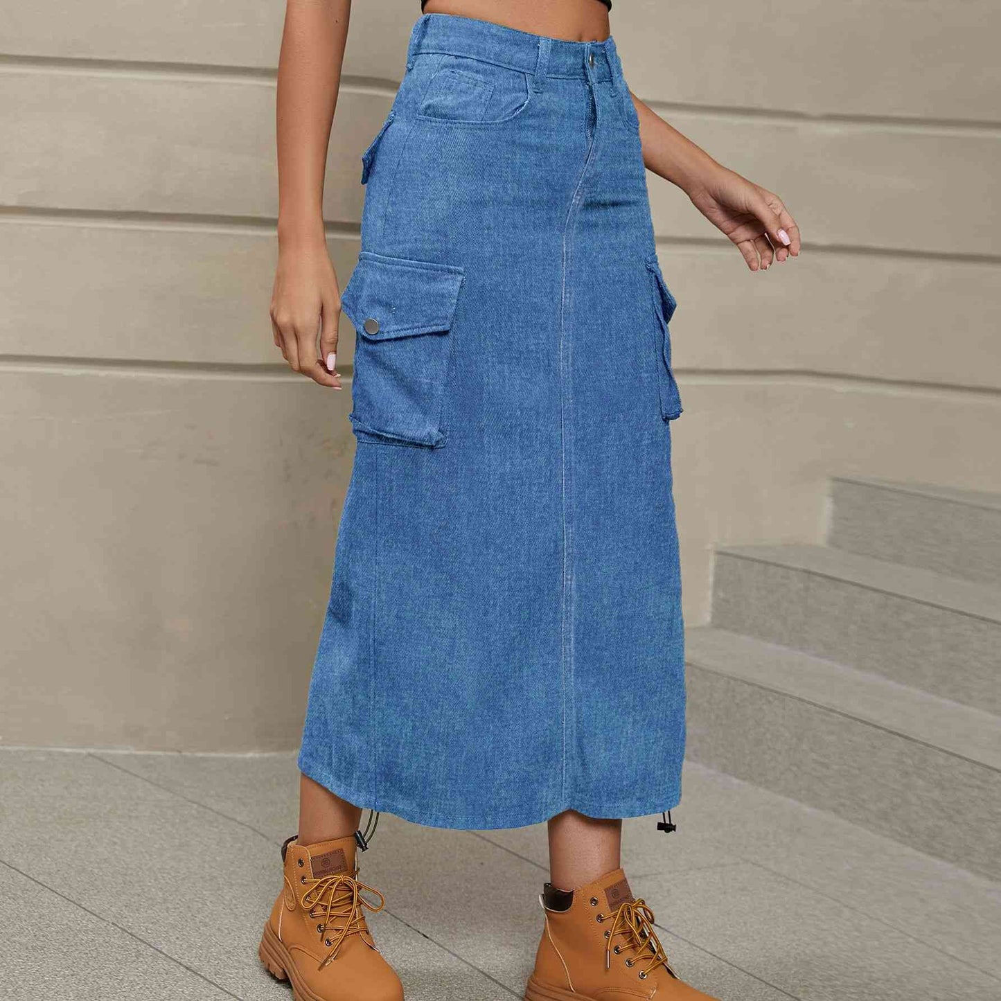 Drawstring Side Ruched Denim Midi Skirt