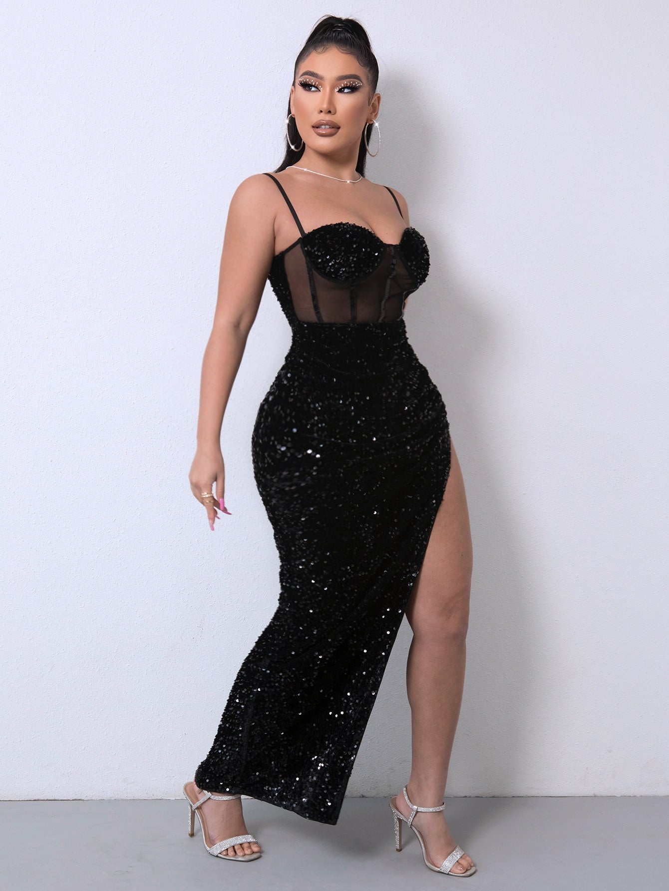 Sequin Corset Adjustable Strap Gown With Long Split