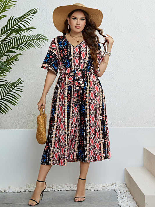 Plus Size Bohemian Tie Belt Midi Dress