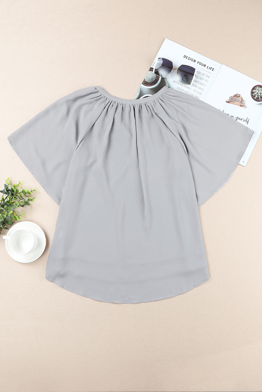 Loose Fit Casual V Neck Flutter Sleeve Top