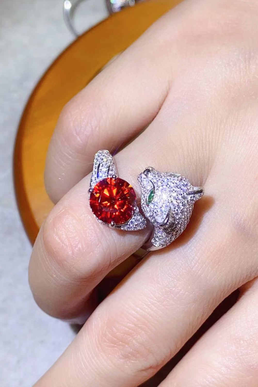 2 Carat Moissanite Adjustable Feline Inspired Platinum Plated Ring