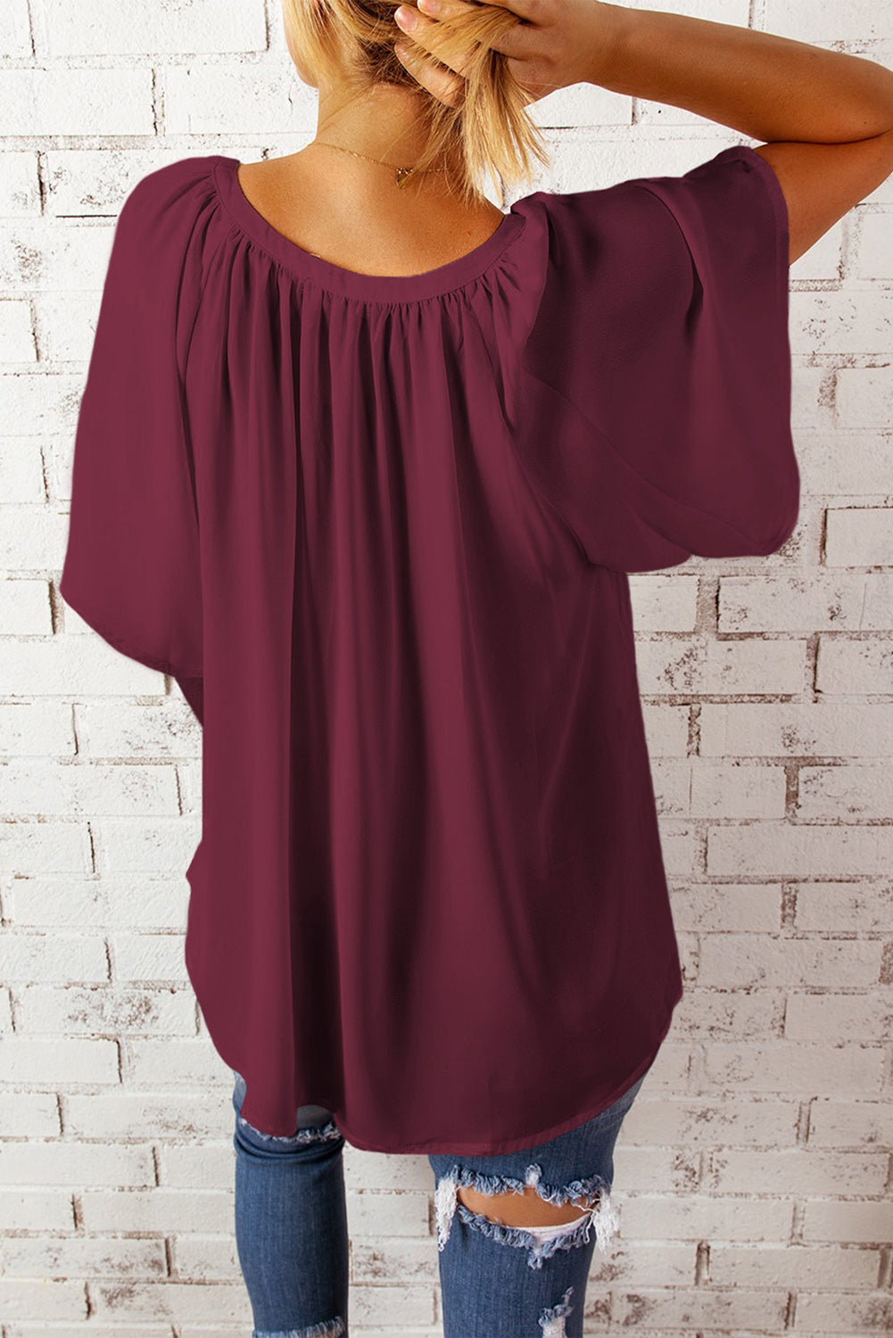 Loose Fit Casual V Neck Flutter Sleeve Top