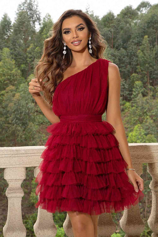 Ruffles and Ruched One-Shoulder Sleeveless Dress