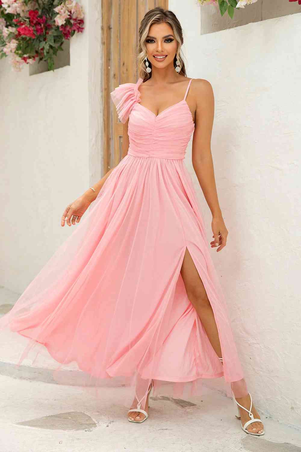 One Frill Sleeve Spaghetti Strap Flowy Chiffon Maxi Dress