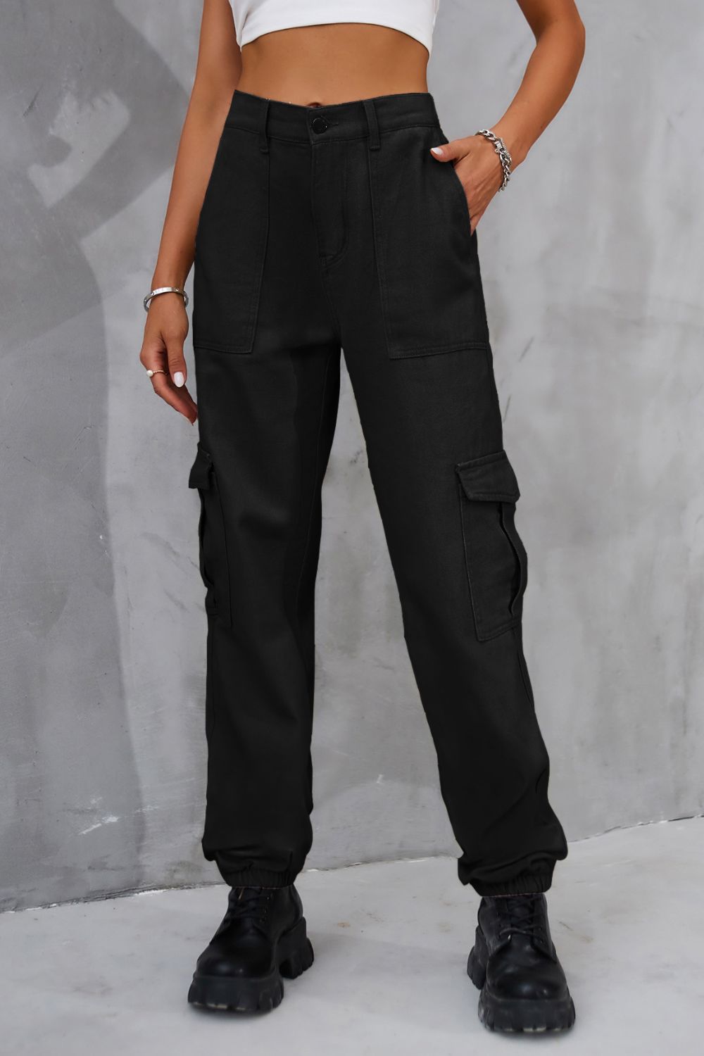 Buttoned High Waist  Cargo Style Jeans with Pockets