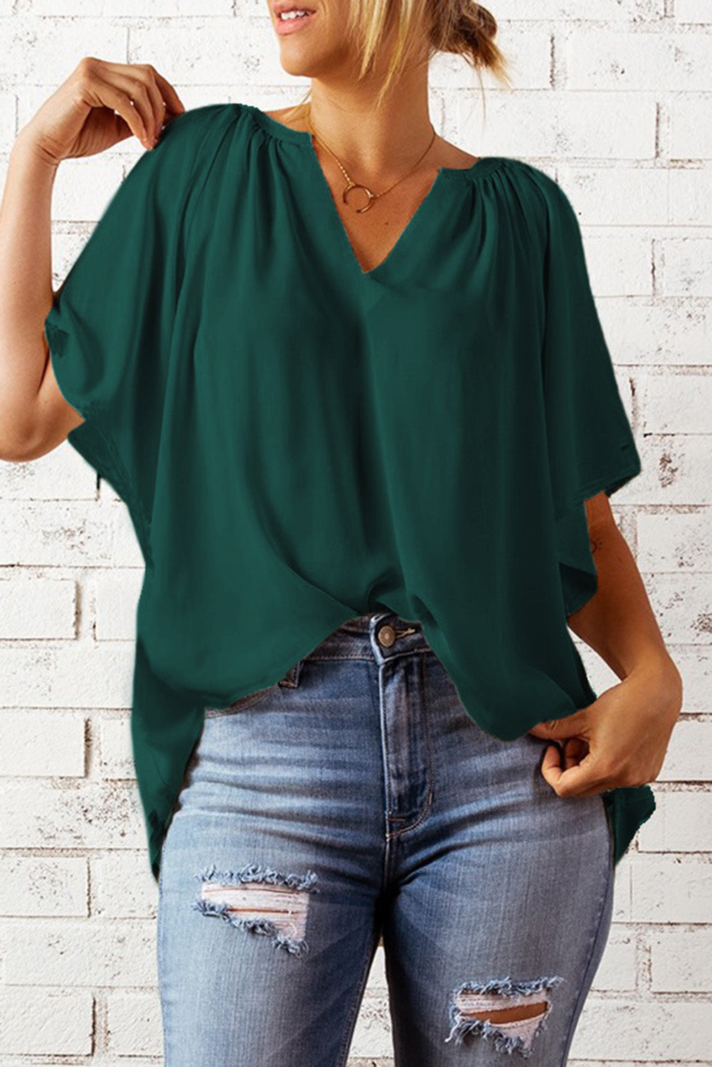 Loose Fit Casual V Neck Flutter Sleeve Top