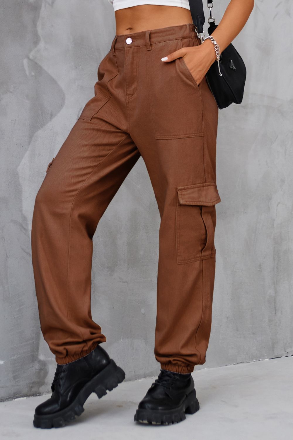 Buttoned High Waist  Cargo Style Jeans with Pockets