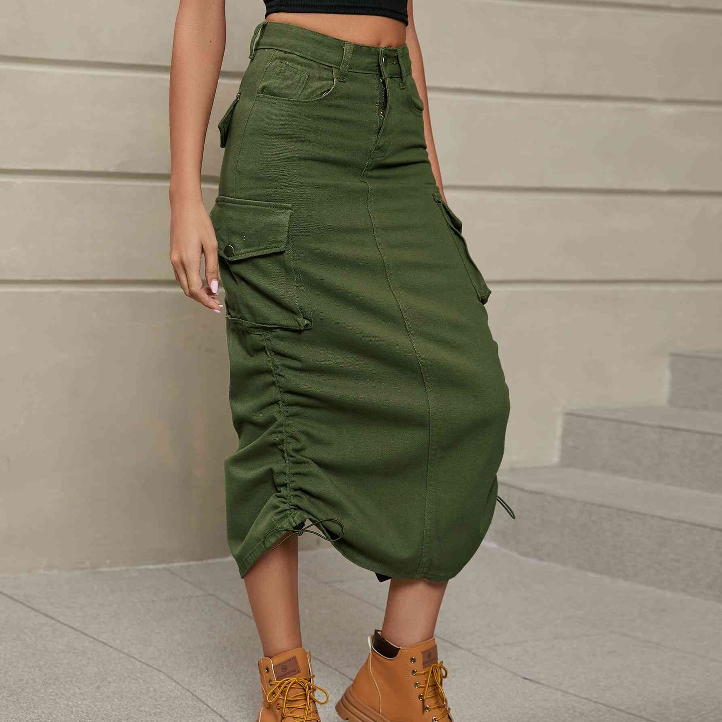 Drawstring Side Ruched Denim Midi Skirt