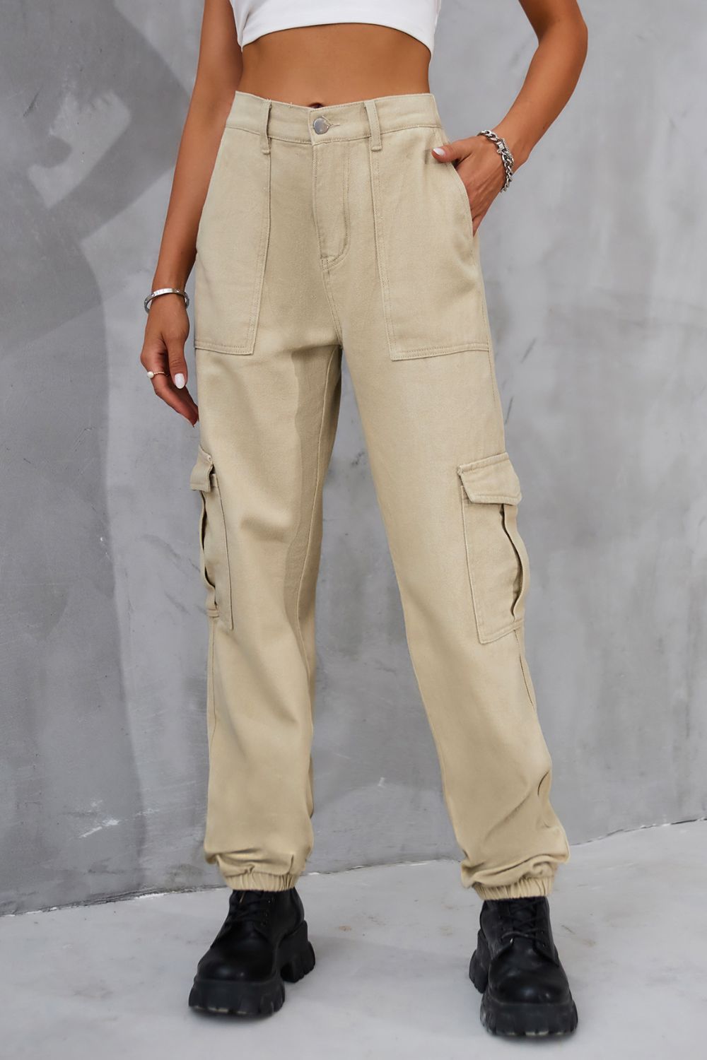 Buttoned High Waist  Cargo Style Jeans with Pockets